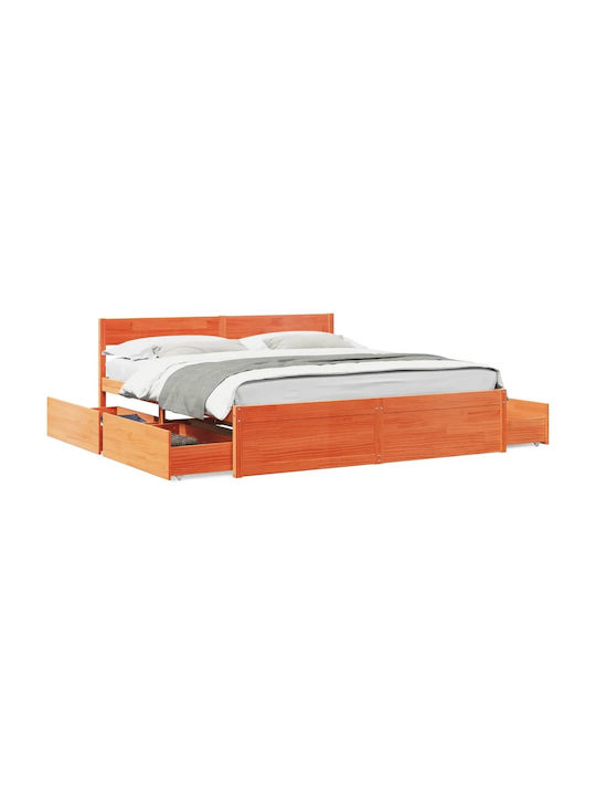 Κρεβάτι King Size από Μασίφ Ξύλο Καφέ με Αποθηκευτικό Χώρο & Τάβλες για Στρώμα 180x200cm