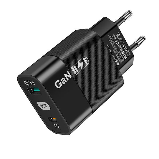 Techsuit Charger Without Cable GaN with USB-A Port and USB-C Port 65W Blacks (BK397)
