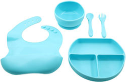 Set 5 Silicone Baby Children's Diversification Pieces Flippy Bib Compartmentalized Plate Suction Cup Bowl Suction Cup Cutlery Allergen-free Blue