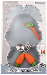 Baby Diversification Set Flippy Made Silicone 26 X 15 Cm 1 Compartmentalized Plate In Shape A Rabbit Spoon Fork Straw Straw Brush Allergen-free Suction Cup Attachment Creative Shape