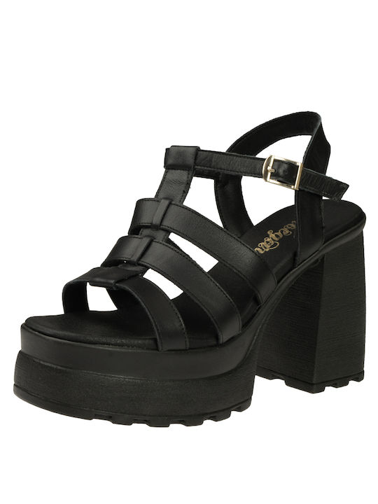 Shoegar Platform Leather Women's Sandals Black with High Heel