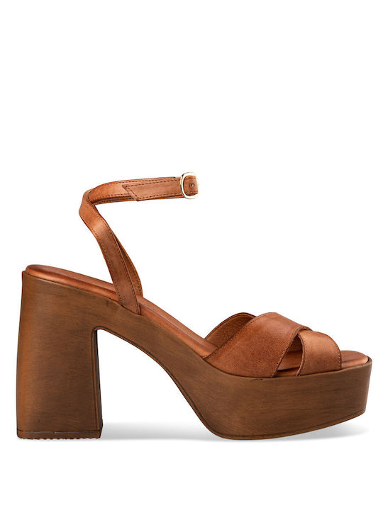 Envie Shoes Platform Leather Women's Sandals Brown with Chunky Low Heel