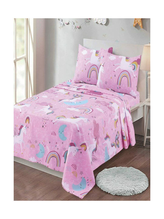 Set de cearșafuri pentru copii roz, din bumbac elastic, cu imprimeu de unicorn și garoafe, 100x200+30