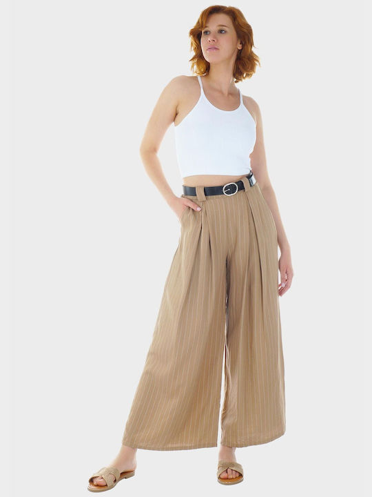 G Secret Дамски Текстилен Панталон На райета Пясък