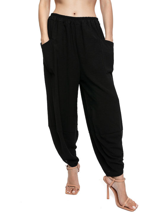 RichgirlBoudoir Women's Fabric Trousers with Elastic in Loose Fit Black