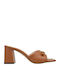 Leather Mules with Chunky High Heel in Tabac Brown Color