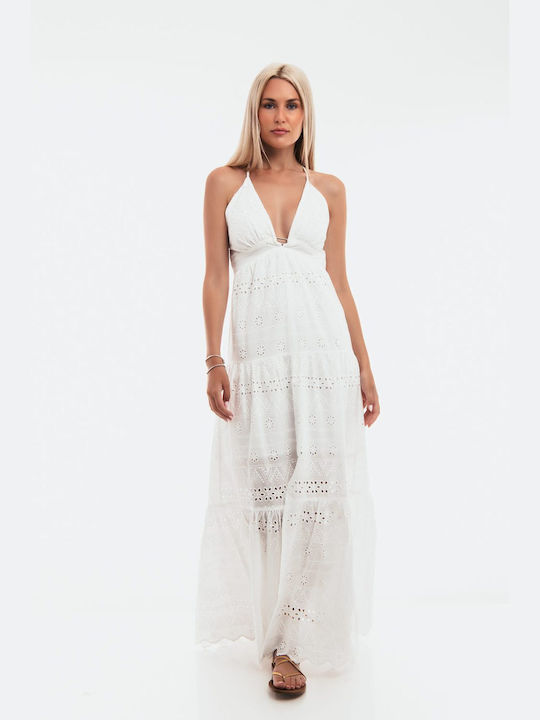 Dress with Embroidered Cutouts White