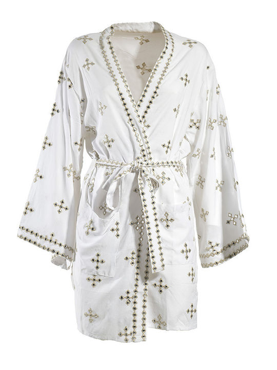 Ble Κιμονο Κοντο Λευκο Χρυσα Σχεδια Ζωνη One Size 100% Viscose
