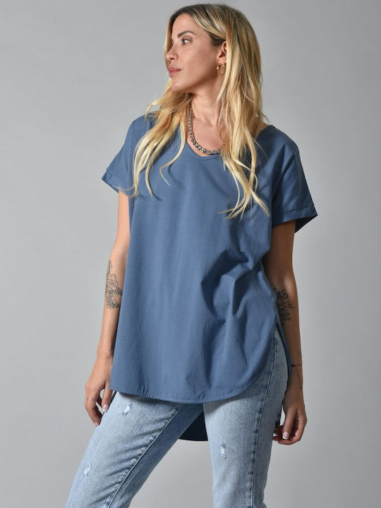 Belle Femme Women's Oversized T-shirt with V Neck Blue