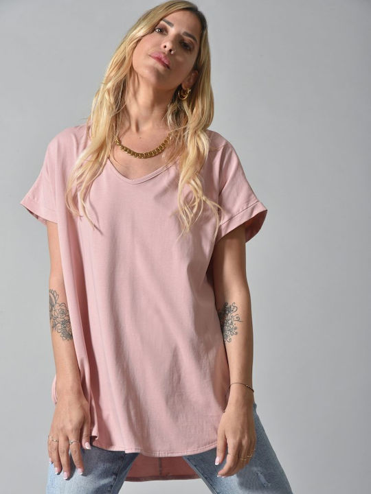 Belle Femme Women's Oversized T-shirt with V Neck Pink
