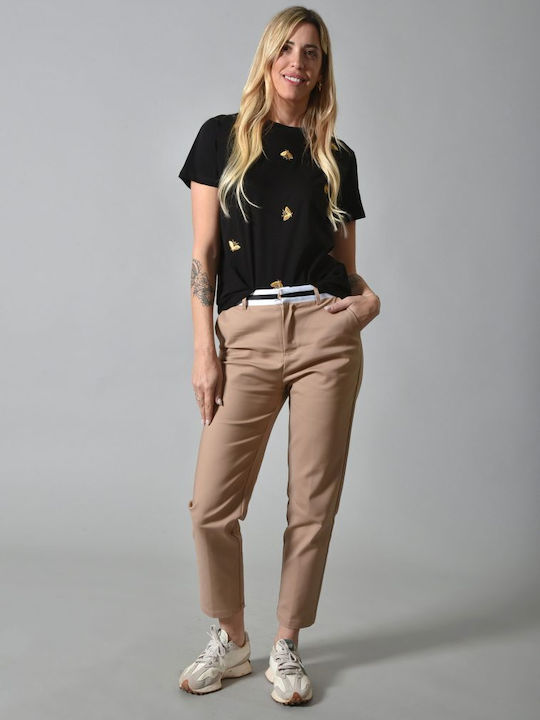 Belle Femme Women's Fabric Trousers Beige