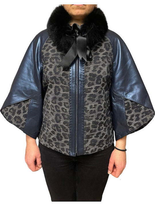 Kurzes Leder Damenjacke Für Winter Blau