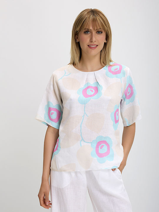 Clarina Women's Summer Blouse Linen Floral Multicolour