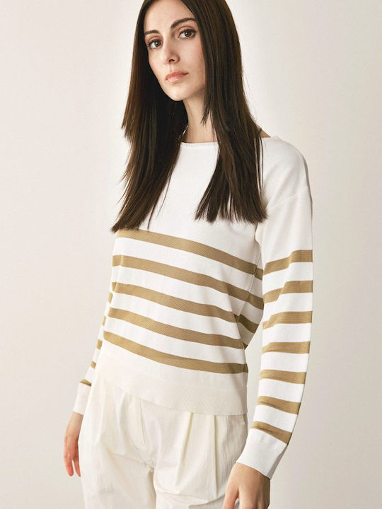 Belle Femme Damen Pullover Gestreift White/gold