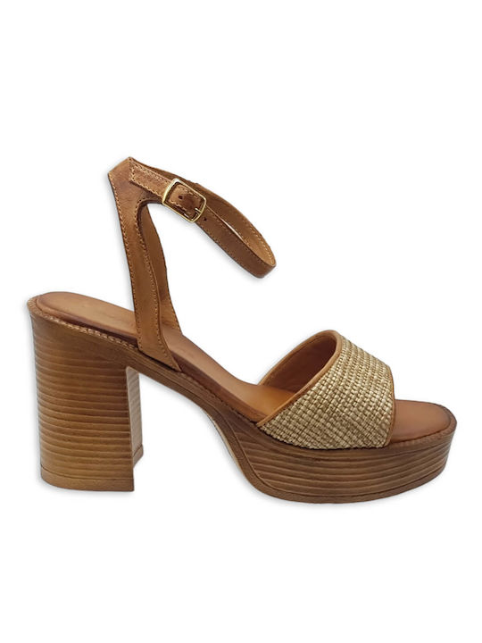 Tsakiris Mallas Leather Women's Sandals Beige with High Heel