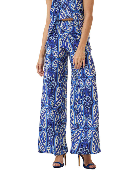 Enzzo Damen Stoff Palazzo-Hose mit Gummizug Blau