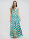 Blaues ärmelloses langes Kleid mit türkisen Blättern und goldenen Details Einheitsgröße 100% Crepe