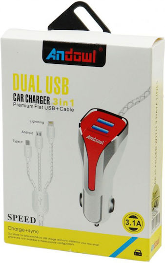 Andowl 3 In 1 Dual Charger Car Charger 3.1A with Ports: 2xUSB with Cable Lightning / Micro-USB / Type-C