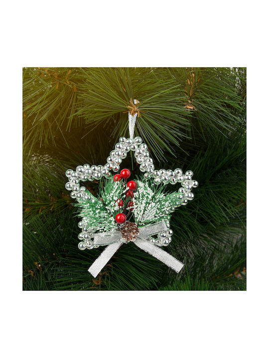 Christmas Hanging Star Plastic Silver With Gold Dust With Beads Silver