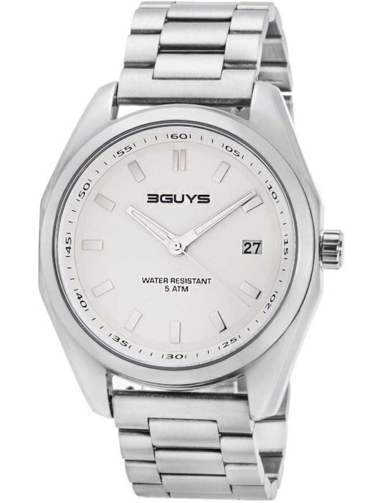 3Guys Men's Watch 45mm Battery with Silver Metal Bracelet