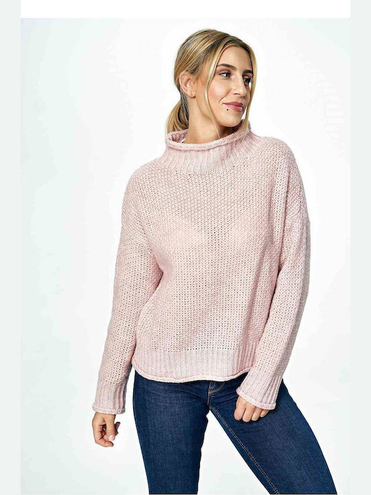 Figl Women's Long Sleeve Sweater Woolen Turtleneck Pink