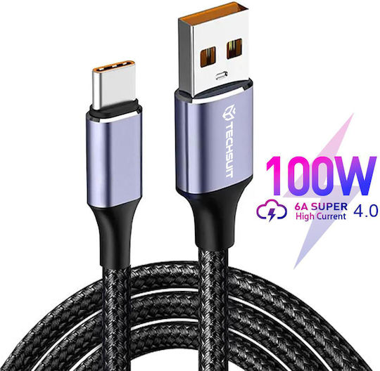 Techsuit Data Cable Ucb320-z Usb To Type-c Super Fast Charging 100w 480mbps 6a Nylon Aluminum Alloy 1m Black