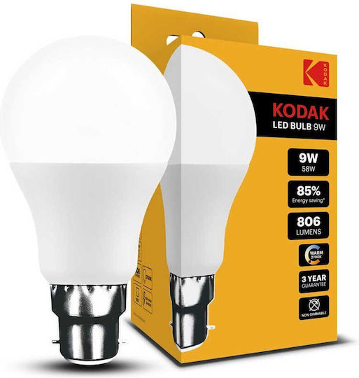 Kodak Λάμπα LED 9W για Ντουί B22 και Σχήμα A60 Θερμό Λευκό 806lm