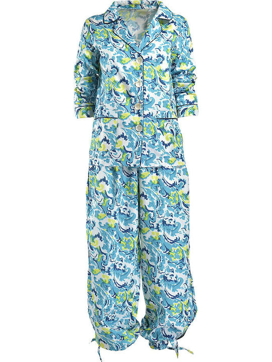 Damen Stoff Hose Turquoise/yellow