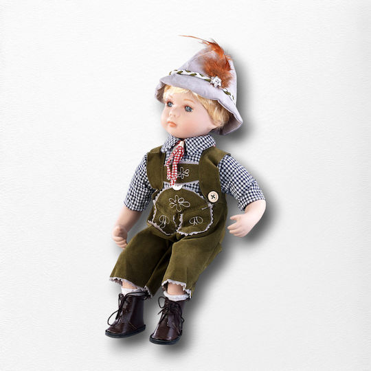 Sammelbare Porzellanpuppe Traditionelle bayerische Tracht Junge 30x15x15cm