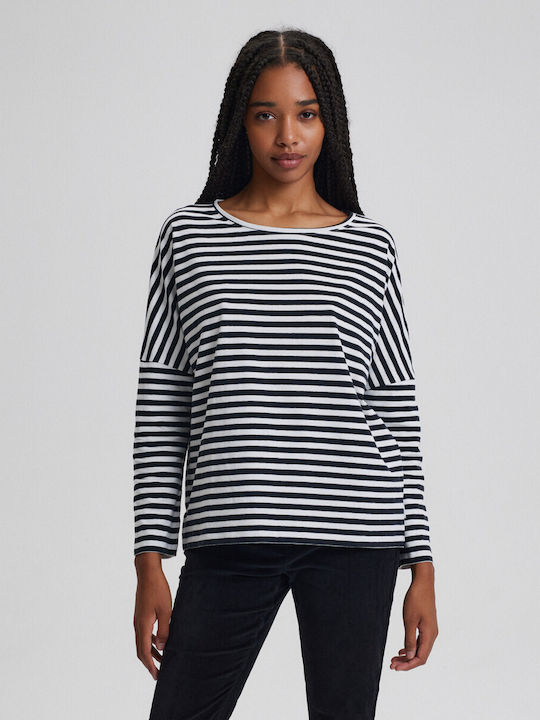 Diverse System Women's Blouse Cotton Long Sleeve Striped BLACK-WHITE