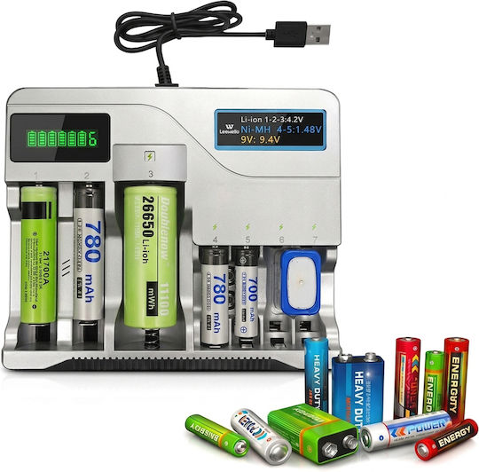 Leewello MS-889 Batterieladegerät Für 4 Batterien Li-Ion/Ni-Cd/Ni-MH Mit Größe AA/AAA/18650/21700/16340/26650/14500 In Weißer Farbe