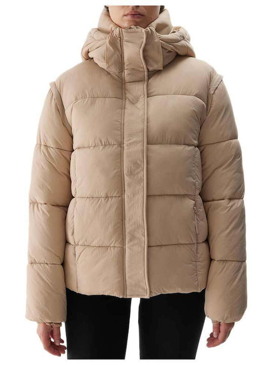 4F Women's Short Puffer Jacket for Winter Beige