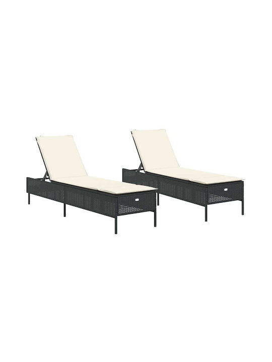 Liegestuhl Rattan mit Kissen Schwarz 2Stück 198x55x39cm.