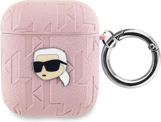 Karl Lagerfeld Karl Head Θήκη Δερμάτινη με Γάντζο σε Ροζ χρώμα για Apple AirPods 1 / AirPods 2