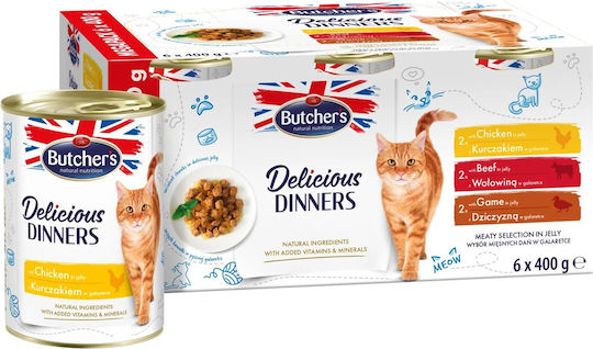 Butcher's Pet Care Delicious Dinners Wet Food for Adult Cats in Cans with Chicken Gluten-Free 6x400gr