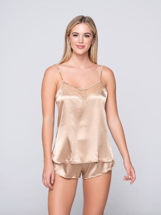 Luna Sommer Damen Satin Pyjama-Oberteil Honey