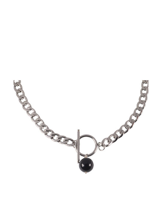 Jt Unisex Thick T-Bar Chain Necklace with Clasp & Onyx 60cm