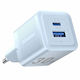 Vention Charger Without Cable GaN with USB-A Port and USB-C Port 30W Power Delivery / Quick Charge 3.0 Blue (FEQL0-EU)