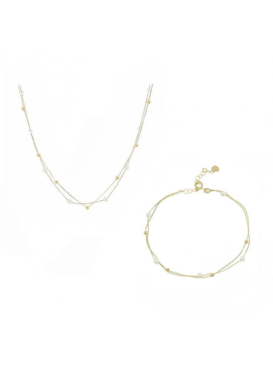 Art d or Gold Set Necklace & Bracelet with Pearls 14K