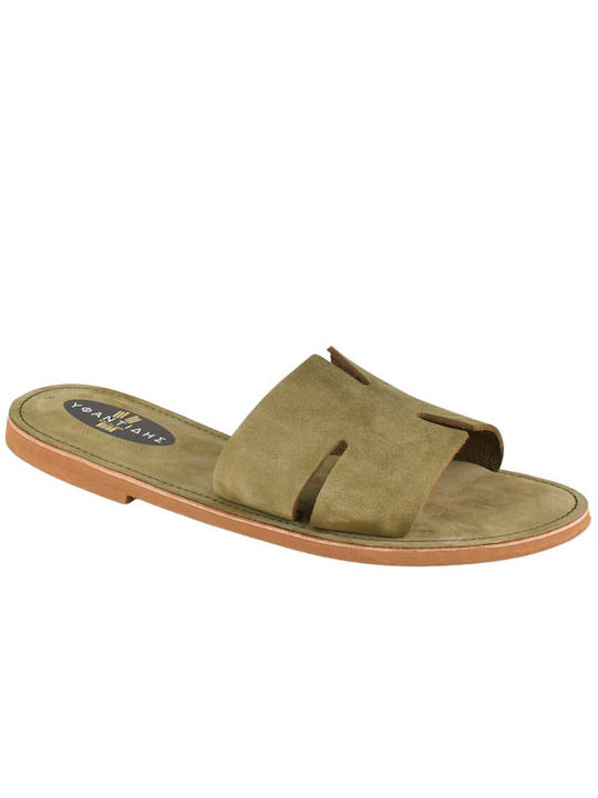 Yfantidis Leather Women's Flat Sandals in Khaki Color