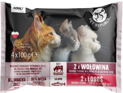 Pet Republic Nasses Katzenfutter für Erwachsene Katzen in Beutel mit Rindfleisch, Lachs und Fisch 4x100g