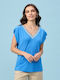 Passager Women's Blouse Short Sleeve with V Neckline Blue electric shock
