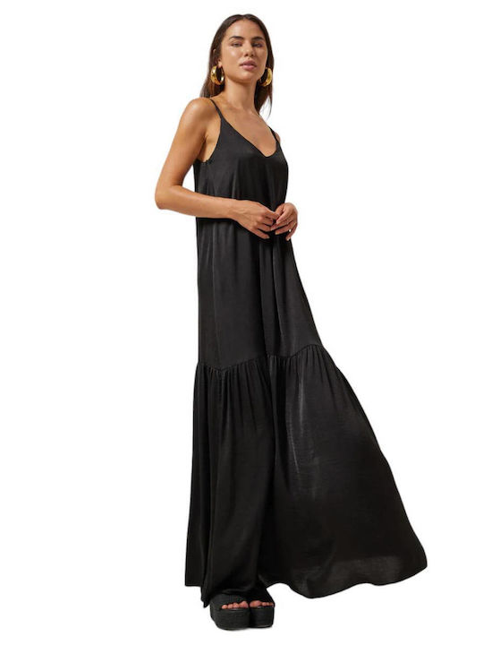 Enzzo Maxi Dress Satin with Ruffle Black