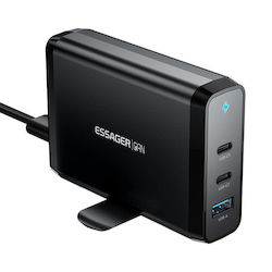 Essager Ladegerät ohne Kabel GaN mit USB-A Anschluss und 2 USB-C Anschlüsse 140W Schnellaufladung 3.0 Schwarzs (060132)