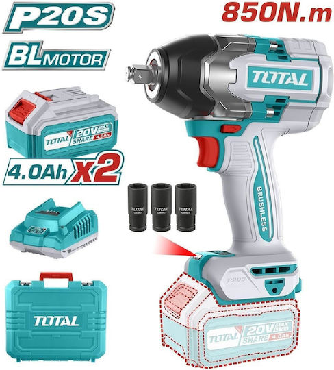 Total Brushless Μπουλονόκλειδο Μπαταρίας 20V 2x4Ah με Υποδοχή 1/2"