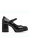 Synthetic Leather Black High Heels with Strap