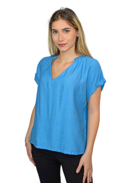 Morena Spain Damen Bluse Kurzärmelig mit V-Ausschnitt Blue