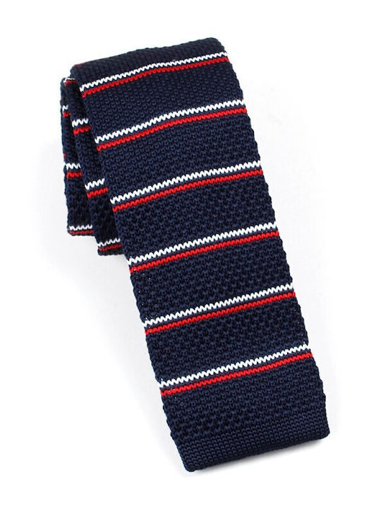 Cravată tricotată albastră cu dungi albe și roșii, 5.5cm