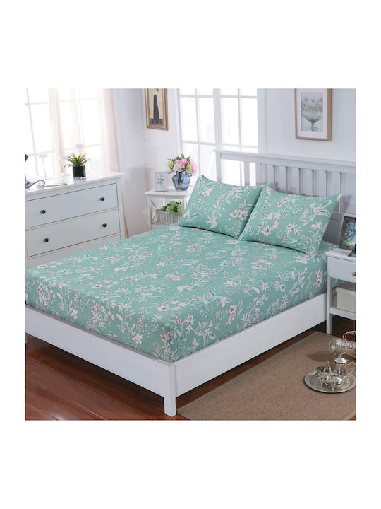 Casa Colori Sheet King Size with Elastic 180x200+30cm. Floral In Turquoise