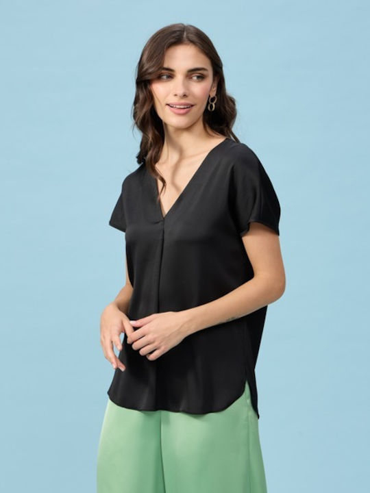 Passager Women's Blouse Short Sleeve with V Neckline Black